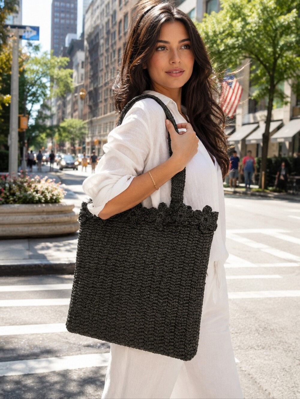 A New Day Black Weaved Shopping Tote Bag New NWT